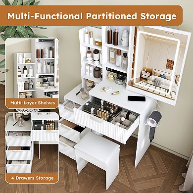 Modern Vanity Desk with Adjustable Lighted Mirror, 4 Drawers & Chair, Dressing Table for Home