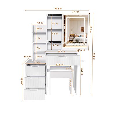 Modern Vanity Desk with Adjustable Lighted Mirror, 4 Drawers & Chair, Dressing Table for Home
