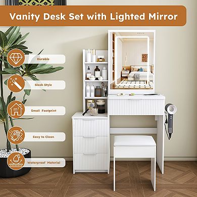 Modern Vanity Desk with Adjustable Lighted Mirror, 4 Drawers & Chair, Dressing Table for Home