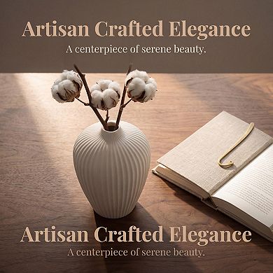 Modern Ceramic Vase Matte Ribbed Flower Vase, Wide Opening Chubby Vase 3.9"L x 3.9"W x 5.9"H