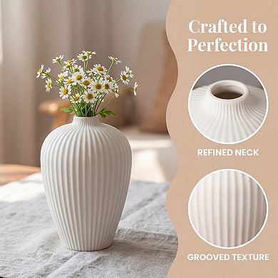 Modern Ceramic Vase Matte Ribbed Flower Vase, Wide Opening Chubby Vase 3.9"L x 3.9"W x 5.9"H