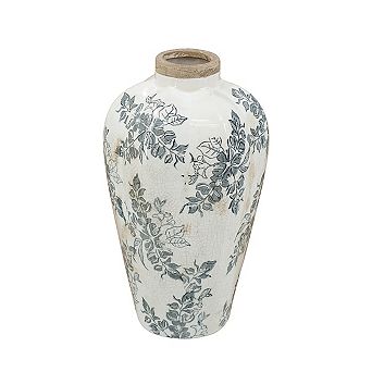 Vintage Style White Ceramic Accent Vase with Gray Floral Design, 6.7x6.7x11.6 Inches