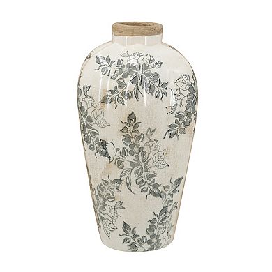Vintage Style White Ceramic Accent Vase with Gray Floral Design, 6.7x6.7x11.6 Inches