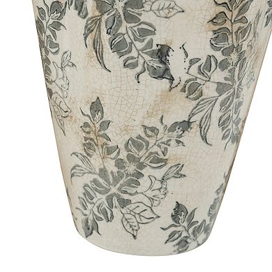 Vintage Style White Ceramic Accent Vase with Gray Floral Design, 6.7x6.7x11.6 Inches