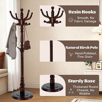 Solid Wood Coat Rack Stand, Freestanding Coat Rack with 11 Smooth Hooks for Entryway Bedroom Office