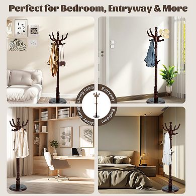 Solid Wood Coat Rack Stand, Freestanding Coat Rack with 11 Smooth Hooks for Entryway Bedroom Office