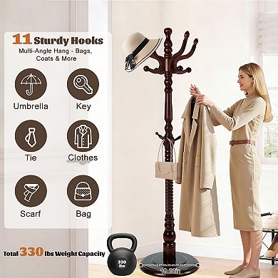 Solid Wood Coat Rack Stand, Freestanding Coat Rack with 11 Smooth Hooks for Entryway Bedroom Office