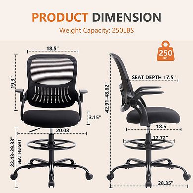 Tall Drafting Office Chair with Adjustable Foot Ring & Flip-Up Armrests