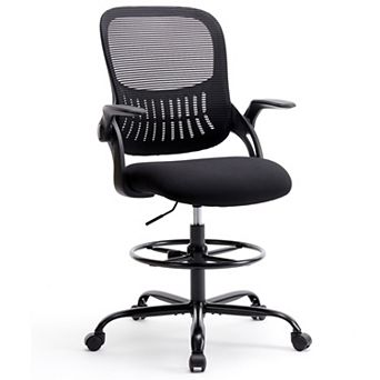 Tall Drafting Office Chair with Adjustable Foot Ring & Flip-Up Armrests