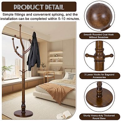 Solid Wood Coat Rack Stand with 11 Smooth Hooks & Sturdy Round Base for Entryway Bedroom Office