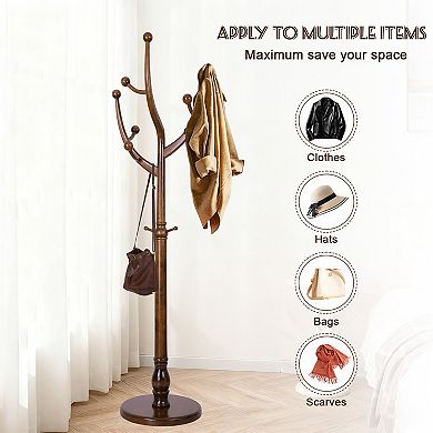 Solid Wood Coat Rack Stand with 11 Smooth Hooks & Sturdy Round Base for Entryway Bedroom Office