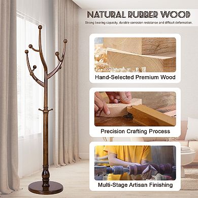 Solid Wood Coat Rack Stand with 11 Smooth Hooks & Sturdy Round Base for Entryway Bedroom Office