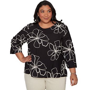 Women's Plus Alfred Dunner Flower Soutache Three-Quarter Sleeve Top
