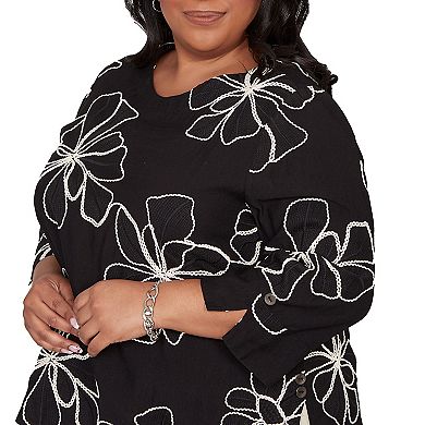 Women's Plus Alfred Dunner Flower Soutache Three-Quarter Sleeve Top