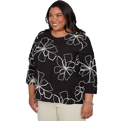 Women's Plus Alfred Dunner Flower Soutache Three-Quarter Sleeve Top