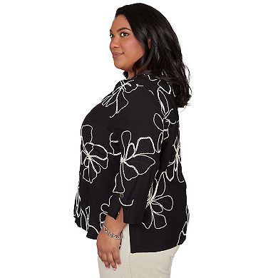 Women's Plus Alfred Dunner Flower Soutache Three-Quarter Sleeve Top