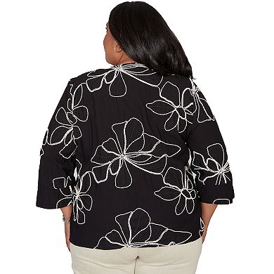 Women's Plus Alfred Dunner Flower Soutache Three-Quarter Sleeve Top