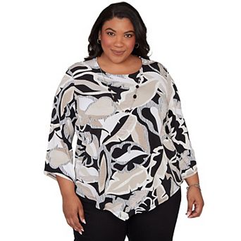 Women's Plus Alfred Dunner Texture Leaves Pointed Hem Top with Necklace