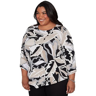 Women's Plus Alfred Dunner Texture Leaves Pointed Hem Top with Necklace