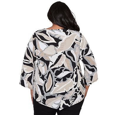 Women's Plus Alfred Dunner Texture Leaves Pointed Hem Top with Necklace
