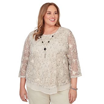 Women's Plus Alfred Dunner Popcorn Mesh Pointed Hem Top with Necklace