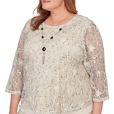 Women's Plus Alfred Dunner Popcorn Mesh Pointed Hem Top with Necklace