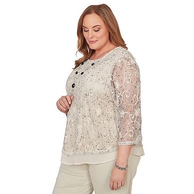 Women's Plus Alfred Dunner Popcorn Mesh Pointed Hem Top with Necklace