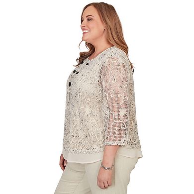 Women's Plus Alfred Dunner Popcorn Mesh Pointed Hem Top with Necklace