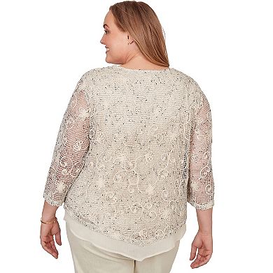 Women's Plus Alfred Dunner Popcorn Mesh Pointed Hem Top with Necklace