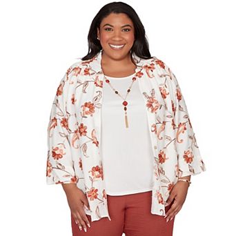 Women's Plus Alfred Dunner Paisley Floral Collared Two in One Top with Necklace
