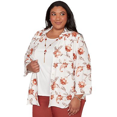 Women's Plus Alfred Dunner Paisley Floral Collared Two in One Top with Necklace