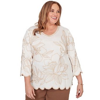 Women's Plus Alfred Dunner Embroidered Floral V-Neck Textured Top