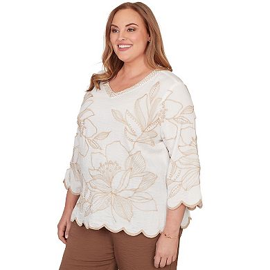 Women's Plus Alfred Dunner Embroidered Floral V-Neck Textured Top