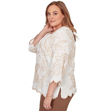 Women's Plus Alfred Dunner Embroidered Floral V-Neck Textured Top