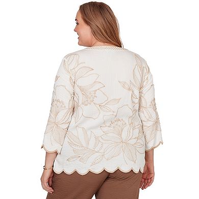 Women's Plus Alfred Dunner Embroidered Floral V-Neck Textured Top