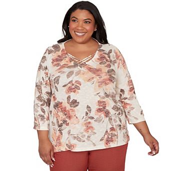 Women's Plus Alfred Dunner Embellished Neck Watercolor Floral Top