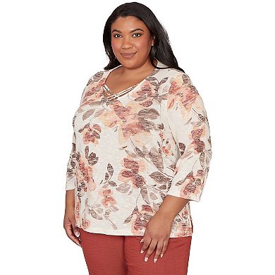 Women's Plus Alfred Dunner Embellished Neck Watercolor Floral Top