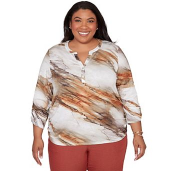 Women's Plus Alfred Dunner Marble Print Split Neck Top