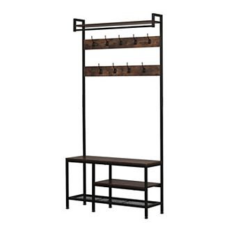 Coat Rack with Shoe Storage, Hall Tree with Bench for Entryway, with 9 Hooks, A Hanging Rod