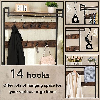 Coat Rack with Shoe Storage, Hall Tree with Bench for Entryway, with 9 Hooks, A Hanging Rod