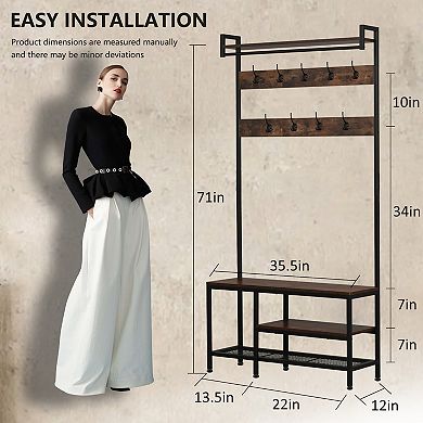 Coat Rack with Shoe Storage, Hall Tree with Bench for Entryway, with 9 Hooks, A Hanging Rod