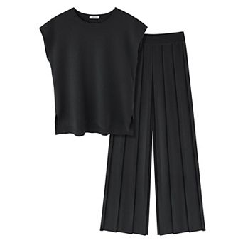 Ekouaer Lounge Sets for Women 2 pc Outfits Knit Cap Sleeve Tops Wide Leg Pleated Pants Casual Sets