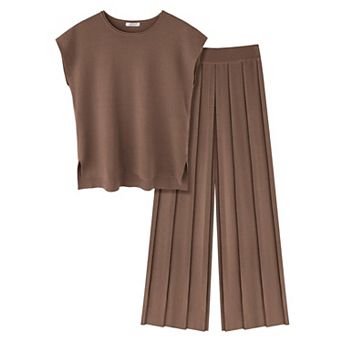 Ekouaer Lounge Sets for Women 2 pc Outfits Knit Cap Sleeve Tops Wide Leg Pleated Pants Casual Sets