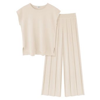 Ekouaer Lounge Sets for Women 2 pc Outfits Knit Cap Sleeve Tops Wide Leg Pleated Pants Casual Sets