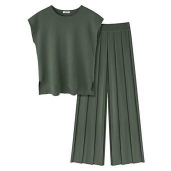 Ekouaer Lounge Sets for Women 2 pc Outfits Knit Cap Sleeve Tops Wide Leg Pleated Pants Casual Sets