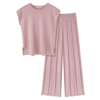 Ekouaer Lounge Sets for Women 2 pc Outfits Knit Cap Sleeve Tops Wide Leg Pleated Pants Casual Sets