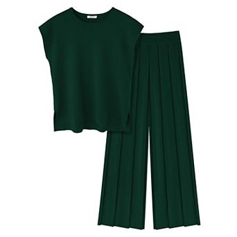 Ekouaer Lounge Sets for Women 2 pc Outfits Knit Cap Sleeve Tops Wide Leg Pleated Pants Casual Sets