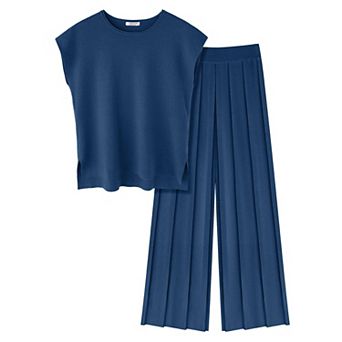 Ekouaer Lounge Sets for Women 2 pc Outfits Knit Cap Sleeve Tops Wide Leg Pleated Pants Casual Sets