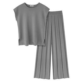 Ekouaer Lounge Sets for Women 2 pc Outfits Knit Cap Sleeve Tops Wide Leg Pleated Pants Casual Sets