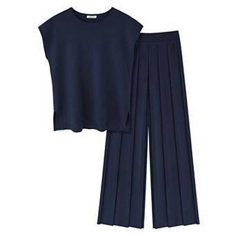 Ekouaer Lounge Sets for Women 2 pc Outfits Knit Cap Sleeve Tops Wide Leg Pleated Pants Casual Sets